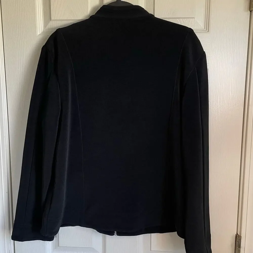 Chico’s Full Zip Black Jacket Sz L Stretch Knit Minimalist Normcore Staple